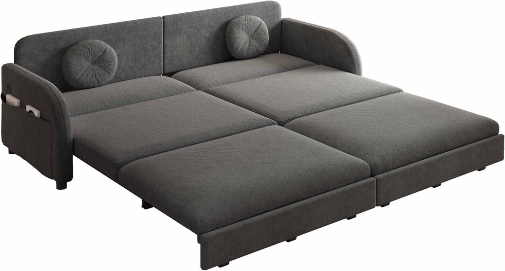 81.1'' Pull Out Couch Bed King Size, Chenille Sleeper Sofa Daybed, 3 in 1 Convertible Couches, Futon Sofa with 2 Pillows, Storage Pockets, USB, 3-Seater for Small Spaces, Living Room, Grey
