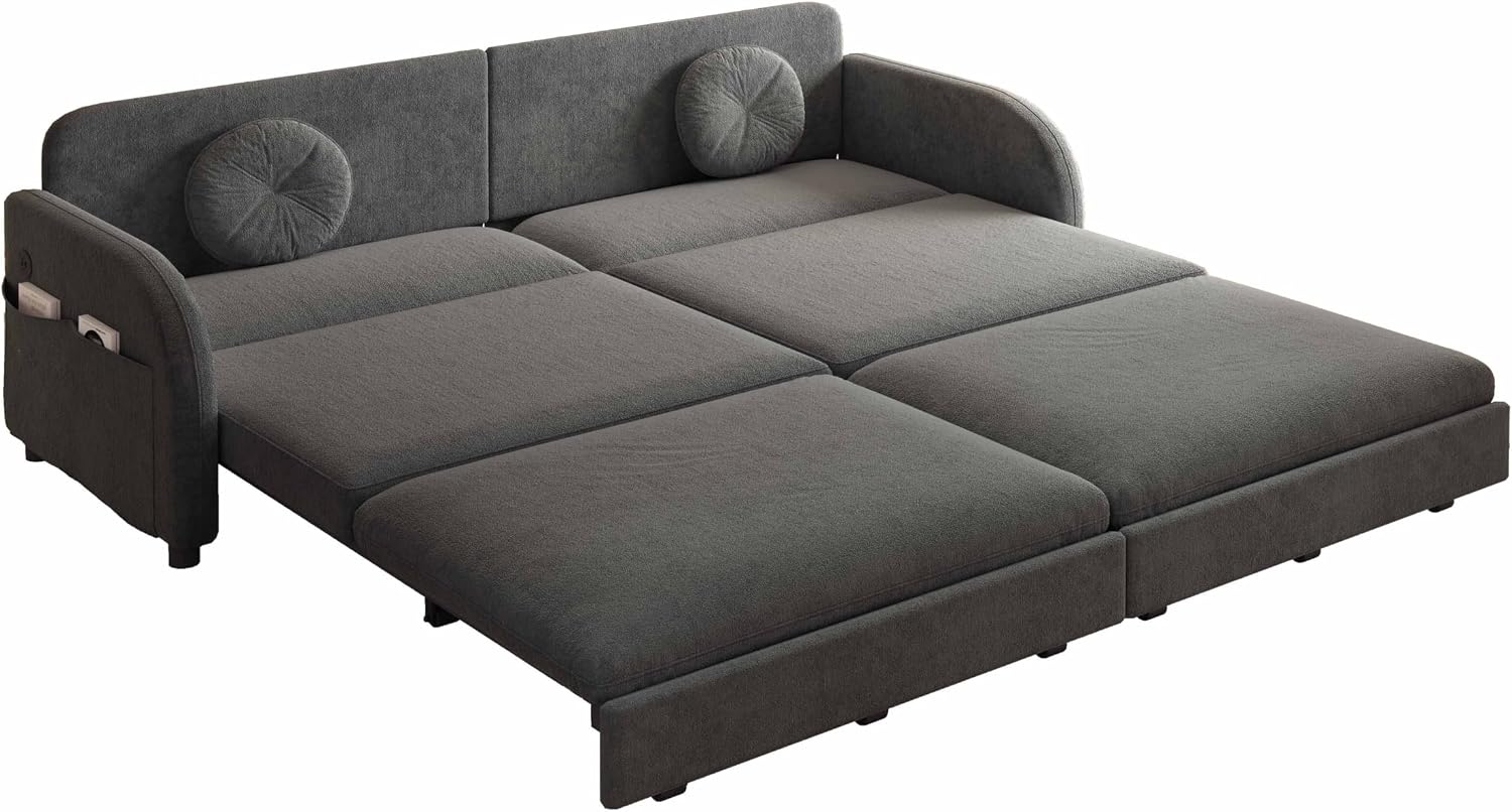 81.1'' Pull Out Couch Bed King Size, Chenille Sleeper Sofa Daybed, 3 in 1 Convertible Couches, Futon Sofa with 2 Pillows, Storage Pockets, USB, 3-Seater for Small Spaces, Living Room, Grey