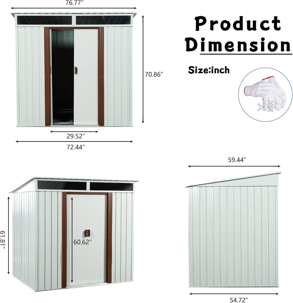6.4 x 5ft Outdoor Metal Storage Shed，with Lockable Doors, Floor Frame, Sun Protection, Waterproof Tool Storage Shed for Patio, Lawn,Backyard (White-6.4 x 5ft)