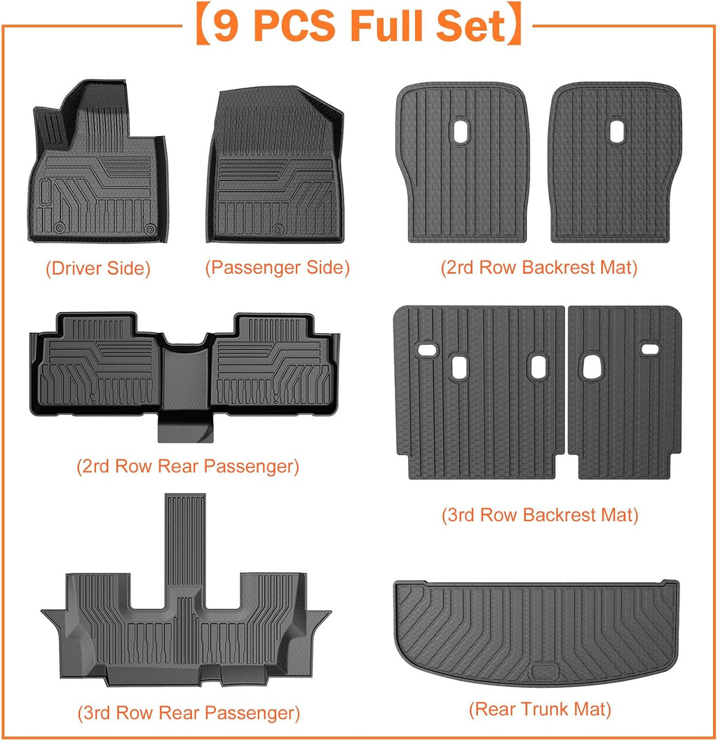 KUST Floor Mats Set for 2020-2025 Kia Telluride Accessories (7 Seats), Rear Cargo Trunk Liner with 2nd/3rd Row Backrest Kick Mat All Weather Protection TPE Rubber Raised Edge, Full Set of 9pcs