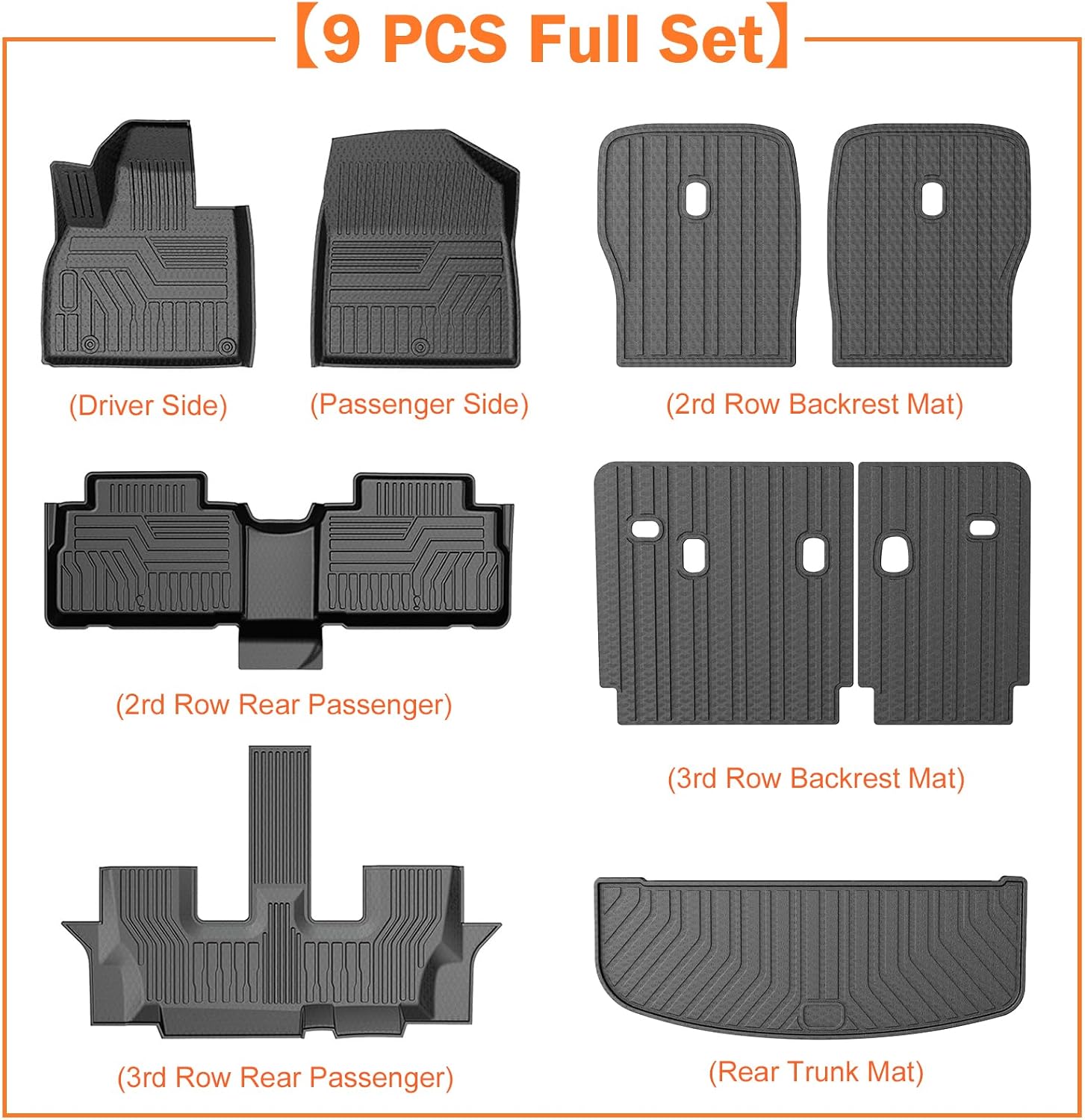 KUST Floor Mats Set for 2020-2025 Kia Telluride Accessories (7 Seats), Rear Cargo Trunk Liner with 2nd/3rd Row Backrest Kick Mat All Weather Protection TPE Rubber Raised Edge, Full Set of 9pcs