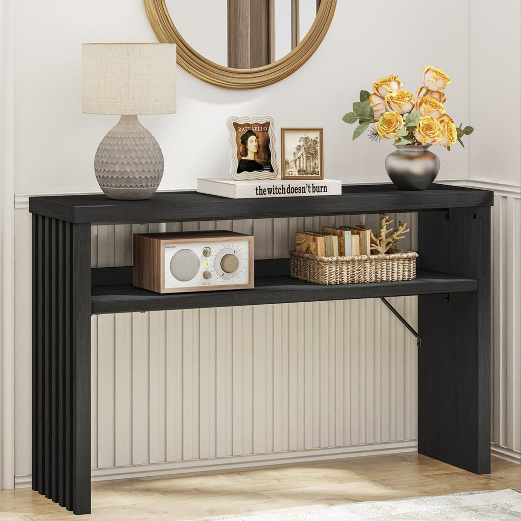 BON AUGURE Console Table with Storage, Black Entryway Table, Wooden Couch Tables Behind Sofa for Living Room, 2 Tier Front Door Entrance Tables (Black Oak, 47 Inches)