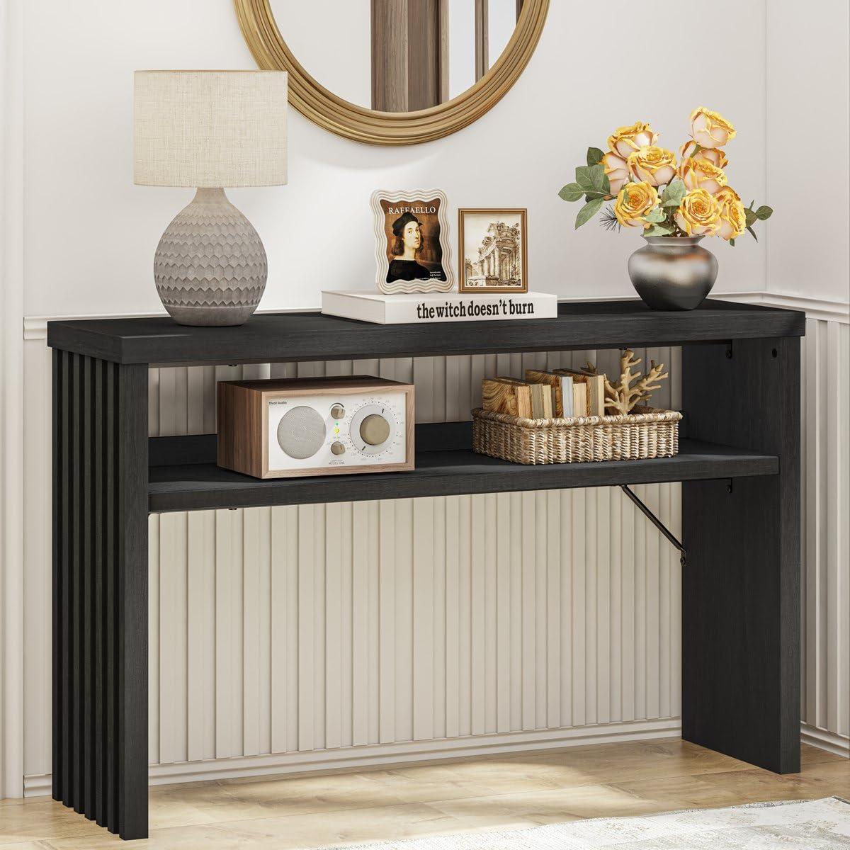 BON AUGURE Console Table with Storage, Black Entryway Table, Wooden Couch Tables Behind Sofa for Living Room, 2 Tier Front Door Entrance Tables (Black Oak, 47 Inches)