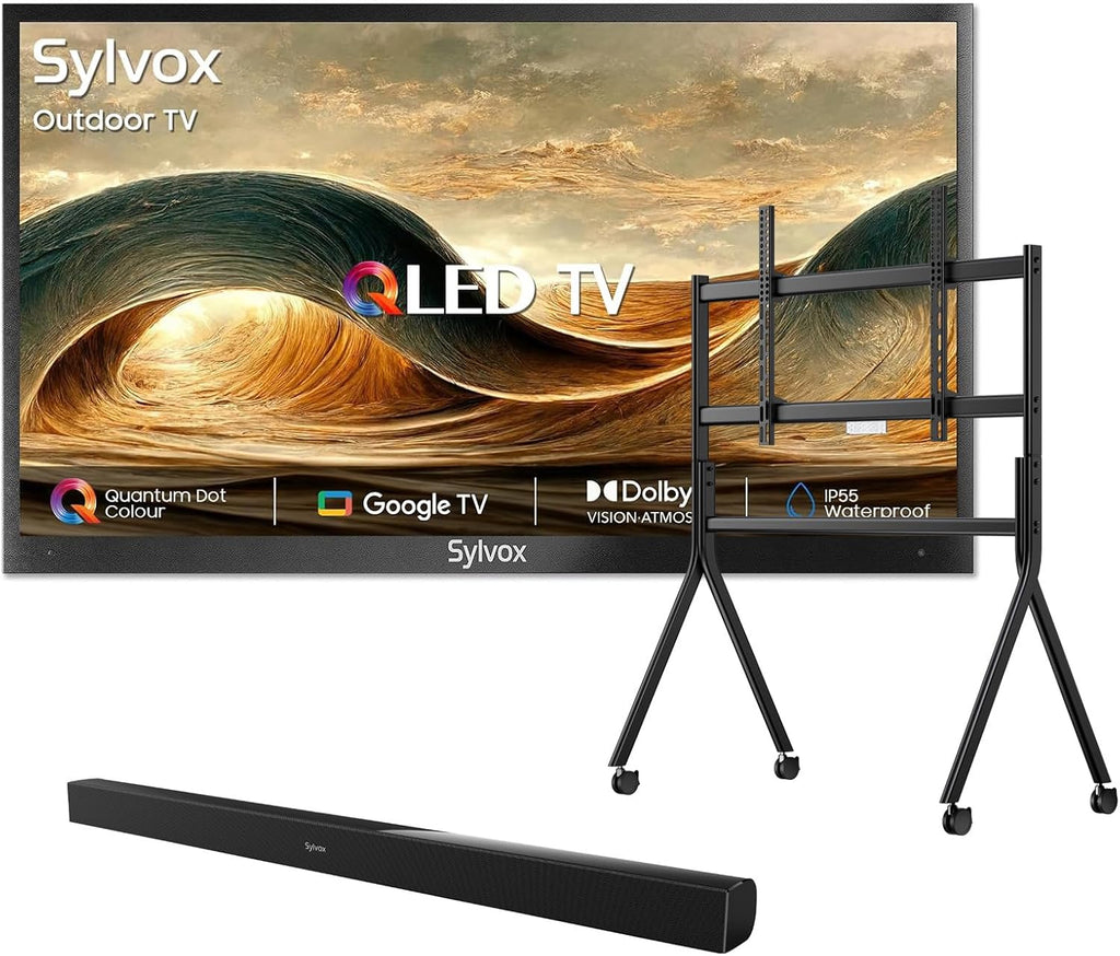 SYLVOX Outdoor TV with Rolling Stand & Soundbar, 65 inch 4K UHD QLED Smart TVs, Weatherproof, IP56 Waterproof, 1000 Nits Partial Sun, Support Google Assistant, Wide Viewing Angle (2026 Model)