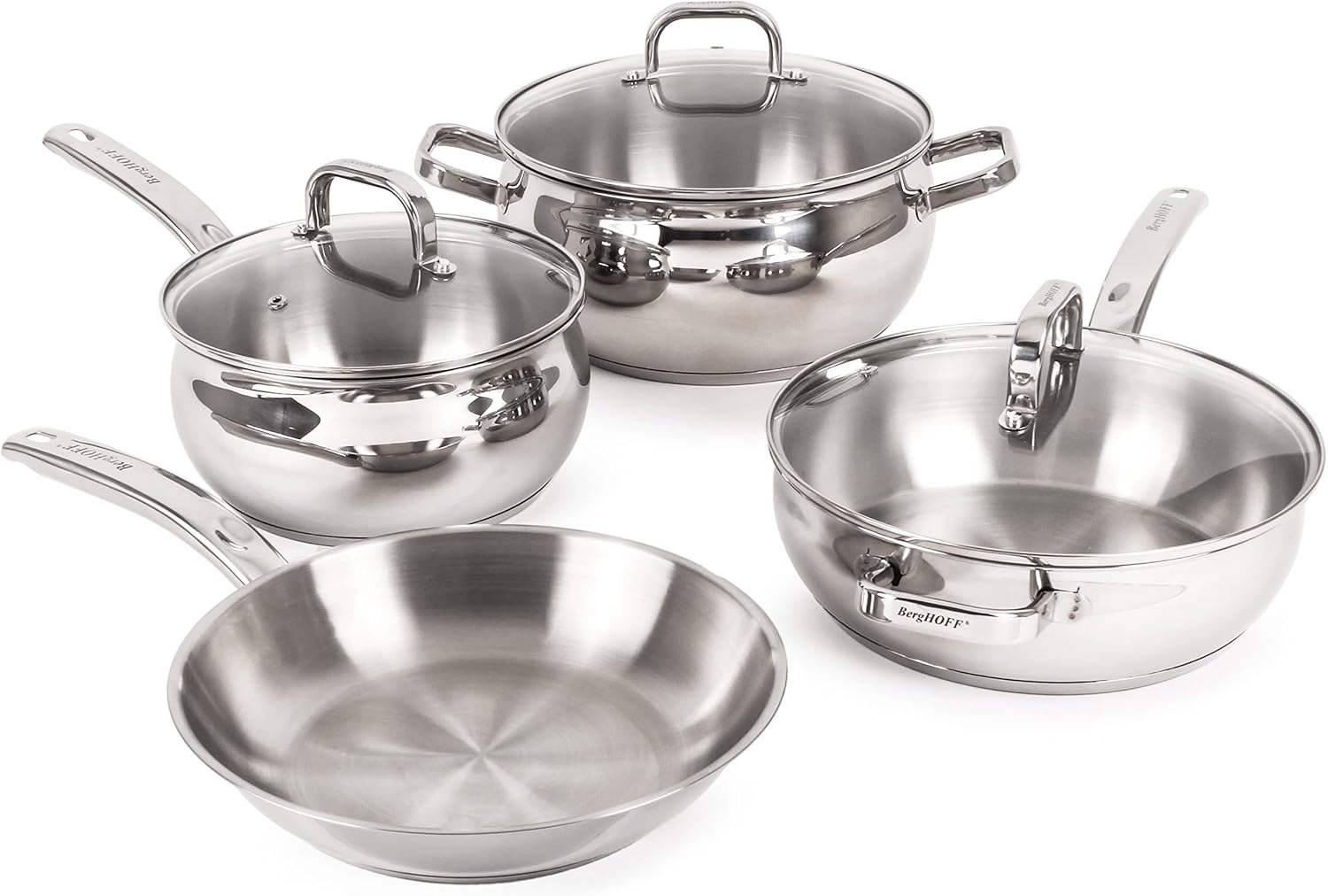 BergHOFF Belly Shape 18/10 Stainless Steel 7Pc Cookware Set, Glass Lids, Fast, Evenly Heat, Induction Cooktop Ready