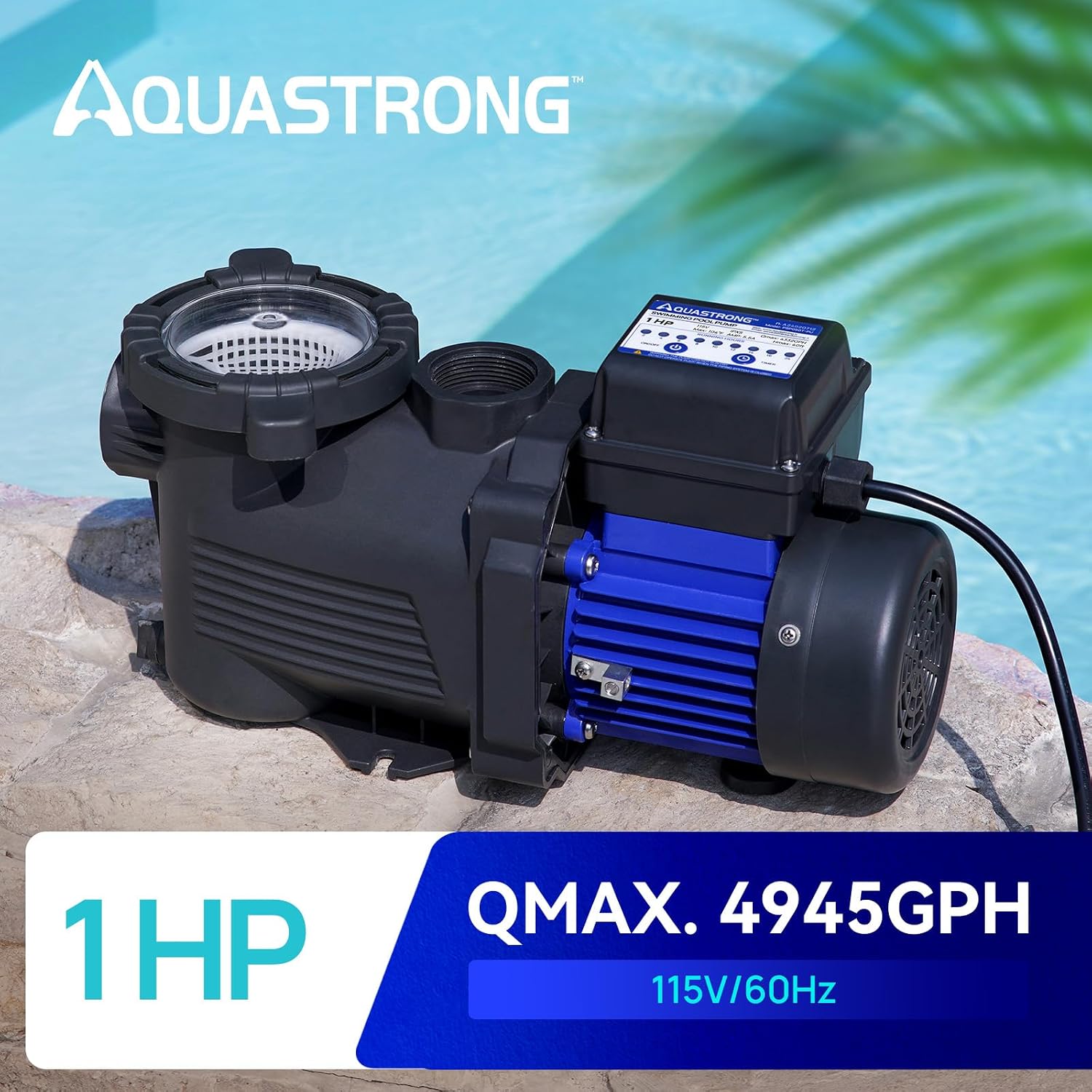 AQUASTRONG 1 HP Above Ground Pool Pump with Timer, 1.25'&1.5''adapter, 115V, 4945GPH, High Flow, Powerful Self Primming Swimming Pool Pumps with Filter Basket