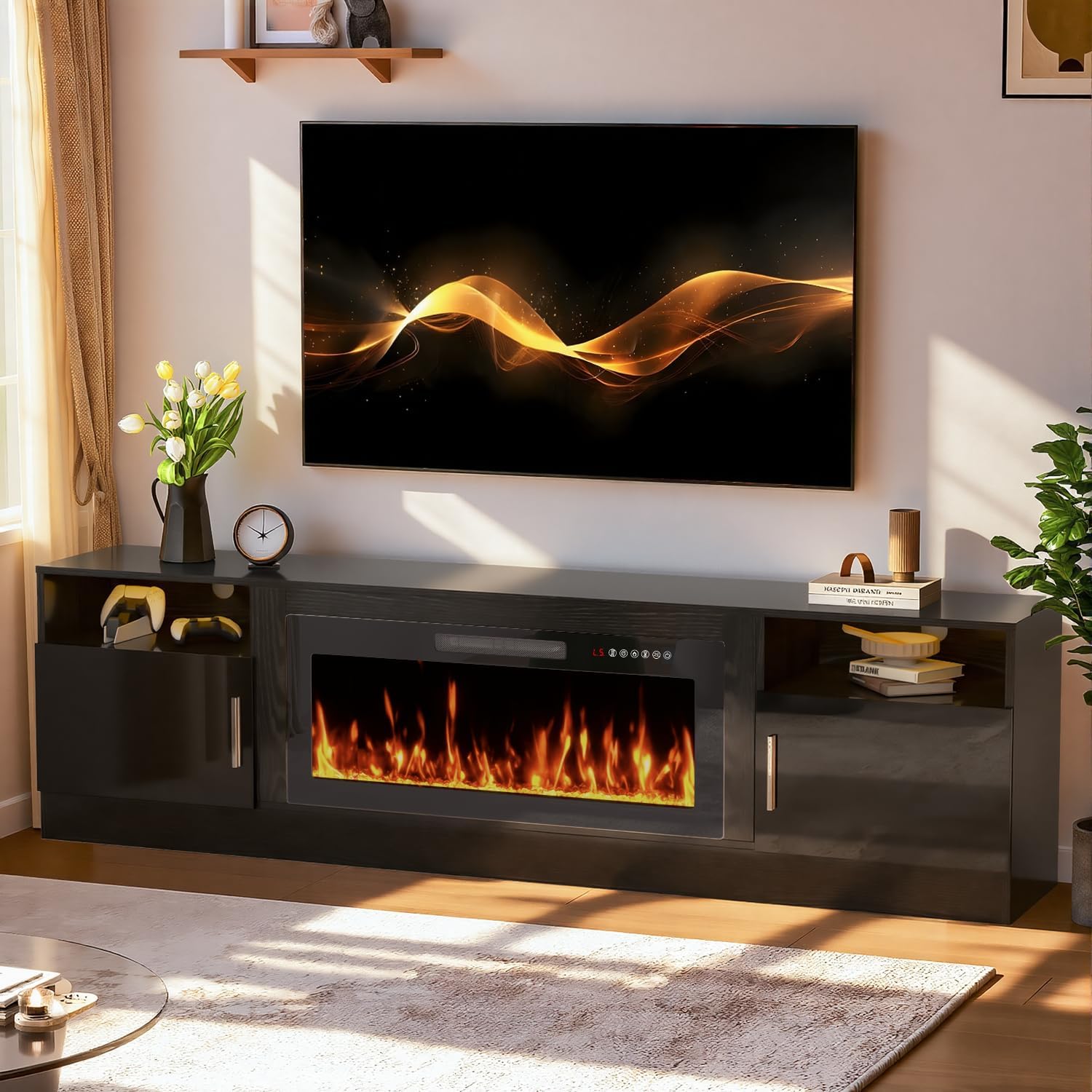TV Stand with Fireplace, 36' Fireplace TV Stand Entertainment Center with Fireplace, 80 Inch Modern Electric Fireplaces TV Stands for Living Room, Black TV Stands with Fireplaces Up to 90' TV