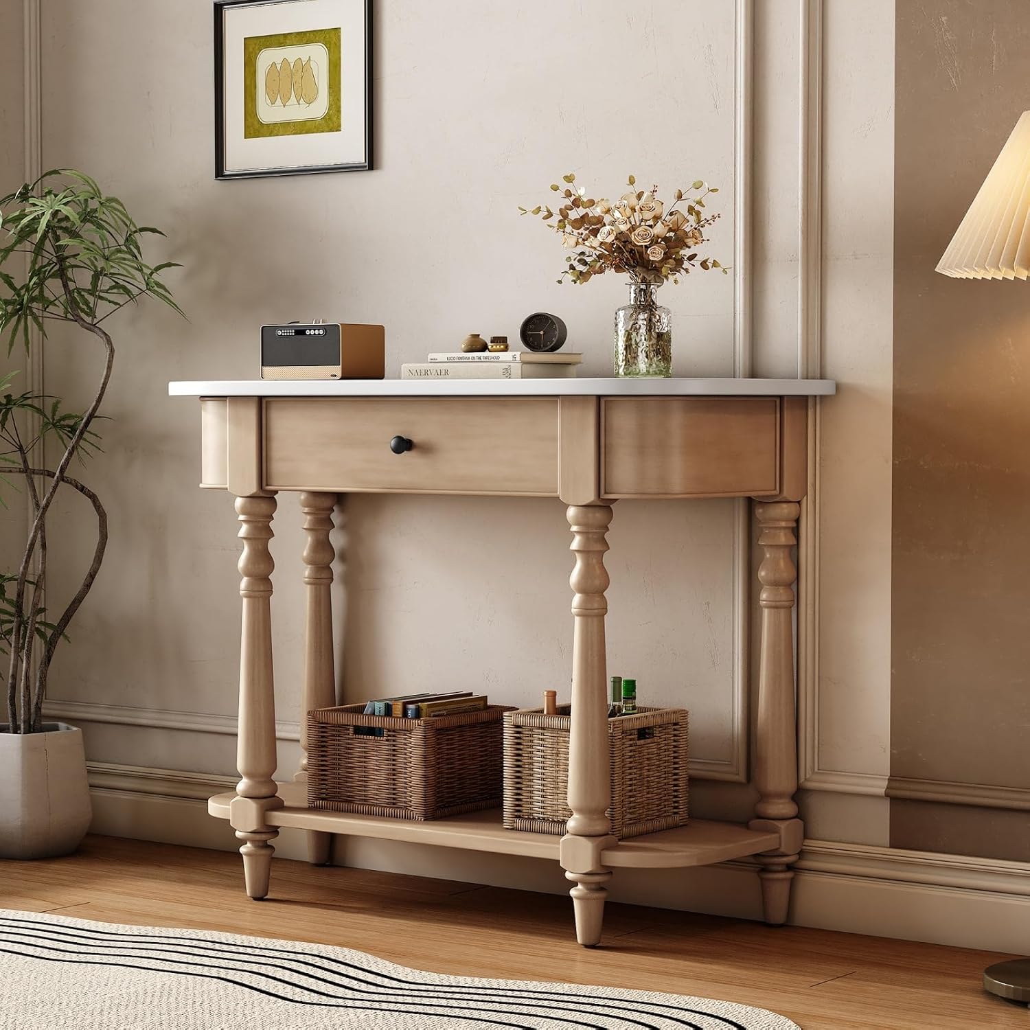 Retro Curved Console Table, 36' Solid Wood Half Moon Console Table Sofa Table Entryway Table with 1 Drawer 1 Open Shelf Roman Legs Curved Corners for Living Room,Entryway,Hallway,White+Beige