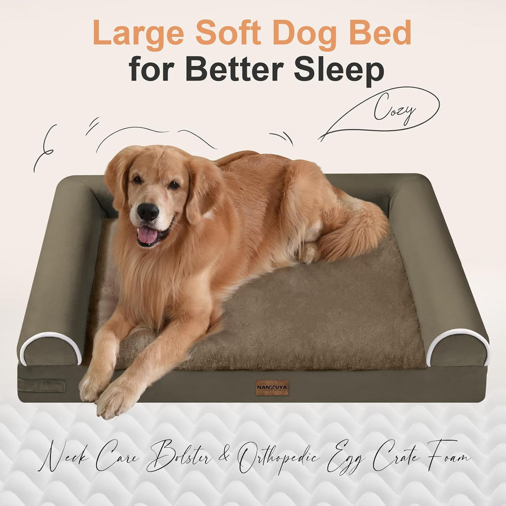 Large Dog Bed Orthopedic Washable: Jumbo Dog Bed Bolster Extra Large Dogs Egg Crate Foam Sofa Couch Waterproof Removable Cover - Brown