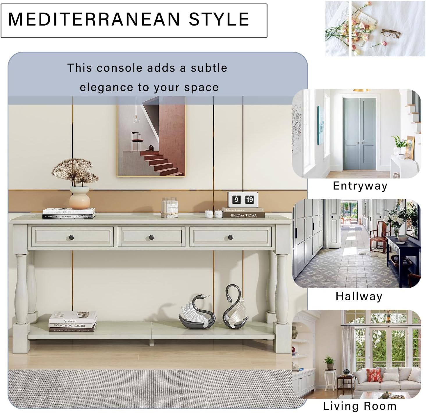 Merax LUMISOL 64 inch Long Console Sofa Table with 3 Drawers and Bottom Shelf, Hallway Table Entryway Table for Living Room, Easy Assembly (Antique White).