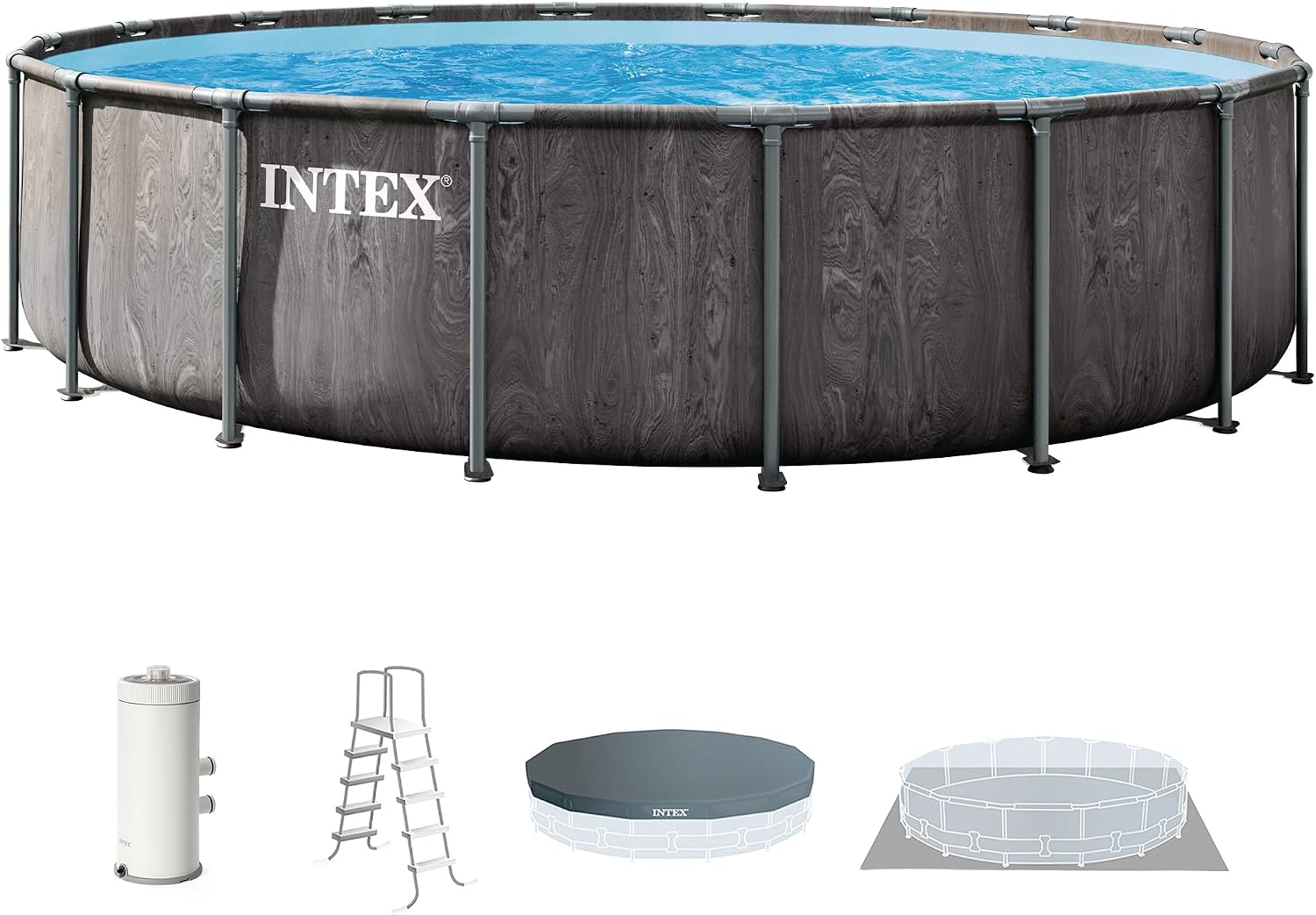 INTEX 26741EP Prism Frame Above Ground Swimming Pool Set: 15ft x 48in – Includes 1000 GPH Cartridge Filter Pump – Removable Ladder – Pool Cover – Ground Cloth