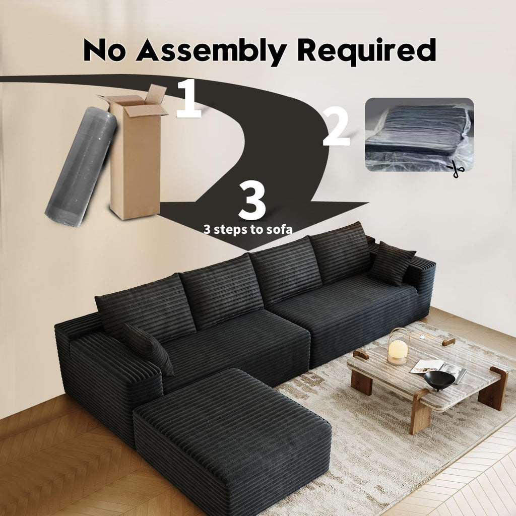 139.4' Modular Sectional Sofa, L-Shaped Minimalist Couches with Ottoman Chaise, Modern Deep Seat Convertible Sleeper Sofa,Cloud Plush Corduroy Fabric, No Assembly Required, 5 Seater, Black