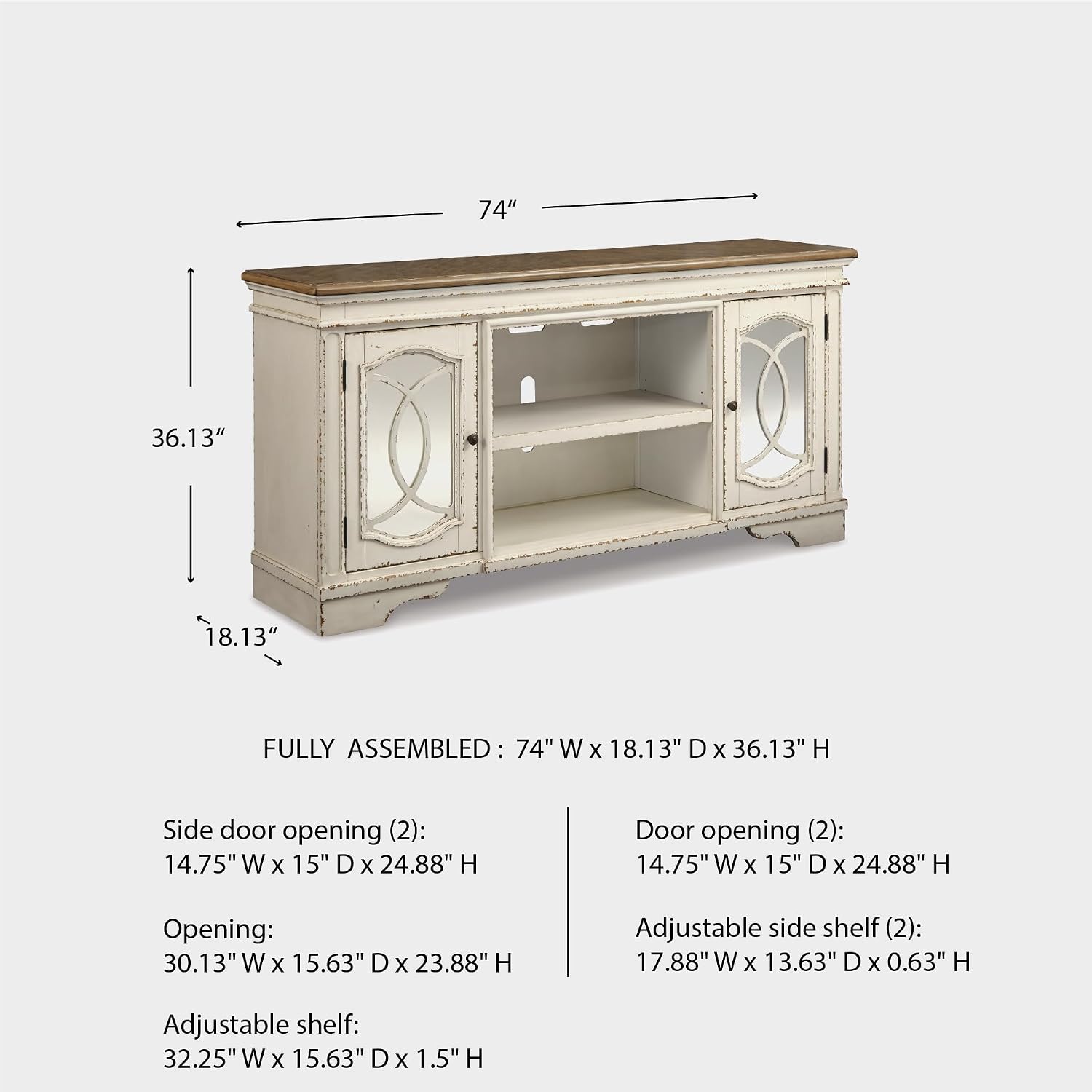 Signature Design by Ashley Realyn Farmhouse TV Stand with Fireplace Option Fits TVs up to 72', 2 Cabinet Doors and Adjustable Storage Shelf, White & Rustic Brown