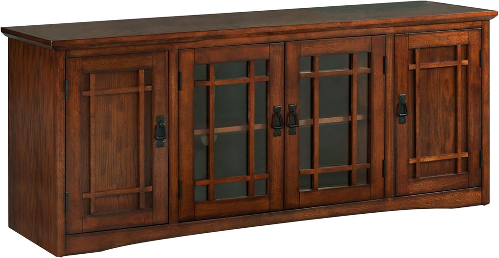 Leick Home 82360 Solid Wood Mission Oak Four Door TV Stand For 65' TVs Universal TV Console Living Room Storage Shelves Entertainment Center, Mission Oak