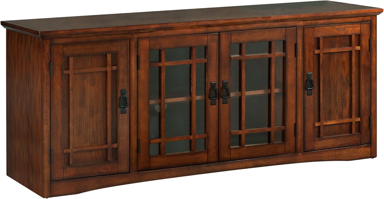 Leick Home 82360 Solid Wood Mission Oak Four Door TV Stand For 65' TVs Universal TV Console Living Room Storage Shelves Entertainment Center, Mission Oak