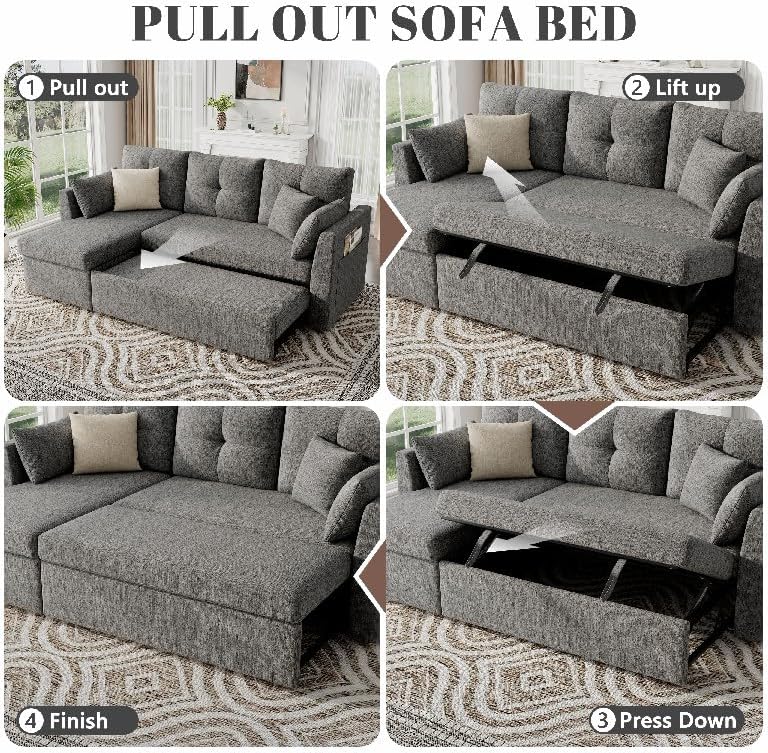 Huatean Home Sleeper Sofa Couch, 2 in 1 Sectional Sleeper Couch Bed with Side Pocket, Pullout Sofa Bed with Storage Chaise for Living Room, Dark Grey