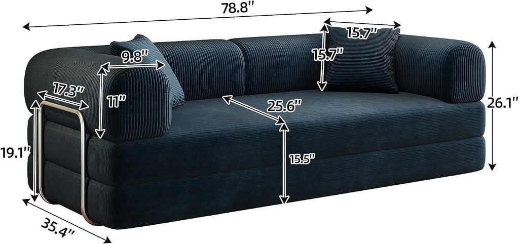 Ball & Cast 78' Convertible Floor Sofa Bed – 4-in-1 Modular Corduroy Sleeper with Fixed-Shape Support, No Assembly, Boneless Folding Couch with Armrests & Pillows – for Living Room, Apartments, Blue