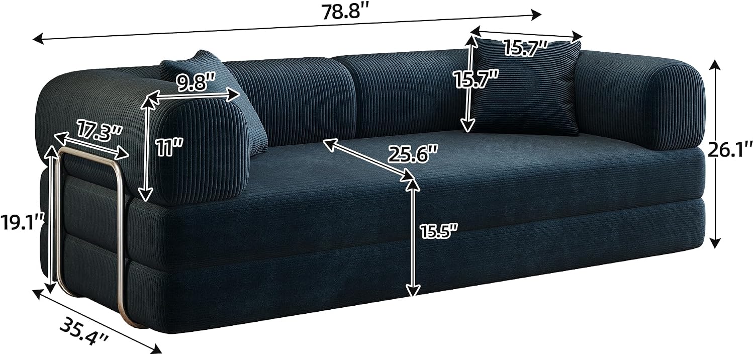 Ball & Cast 78' Convertible Floor Sofa Bed – 4-in-1 Modular Corduroy Sleeper with Fixed-Shape Support, No Assembly, Boneless Folding Couch with Armrests & Pillows – for Living Room, Apartments, Blue