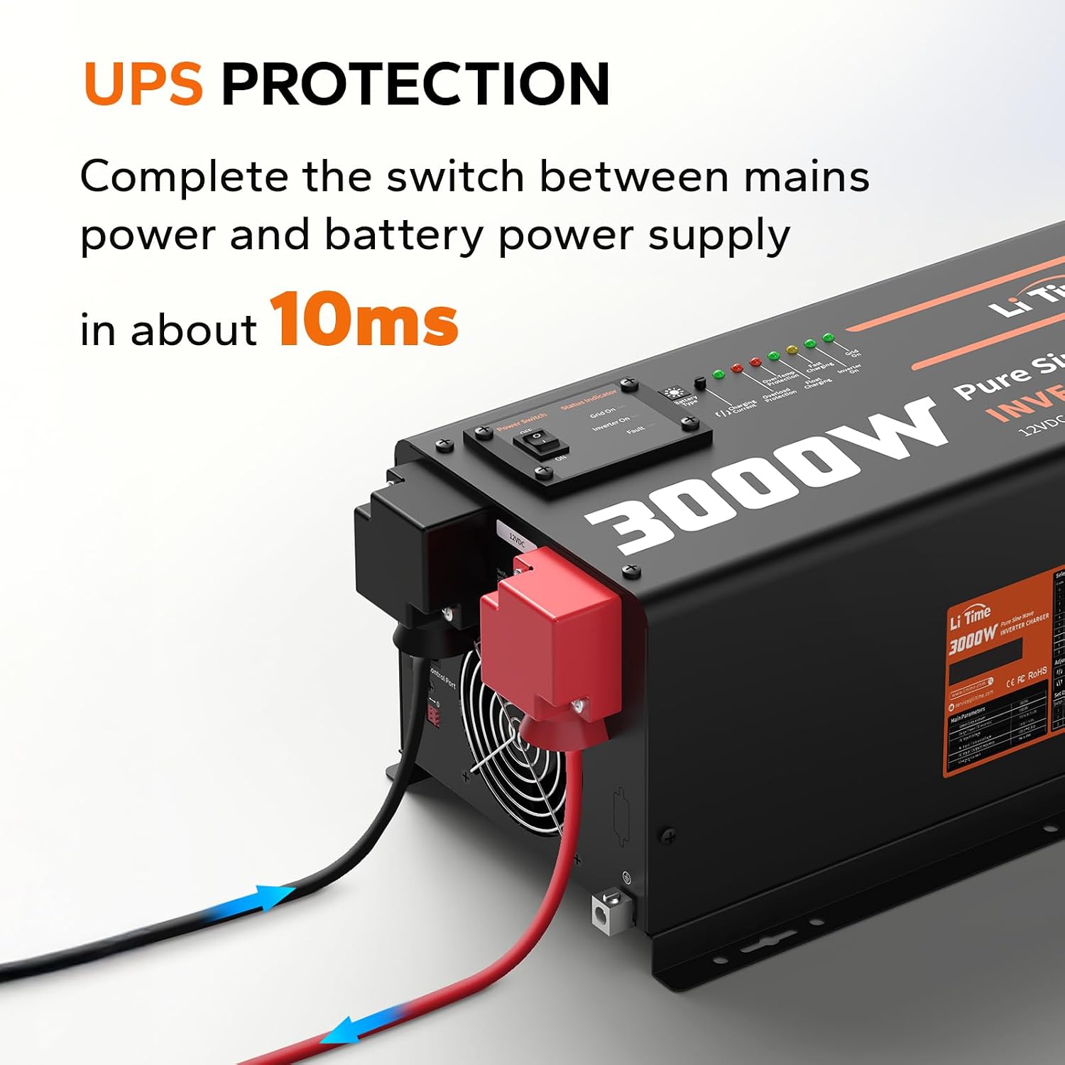 LiTime 3000W Pure Sine Wave Inverter Charger, 12V DC to 110V - 120V AC, 9000W Peak Power, 5A - 45A Adjustable Current, with Remote Control Panel, UPS Function, for RV and Home Backup