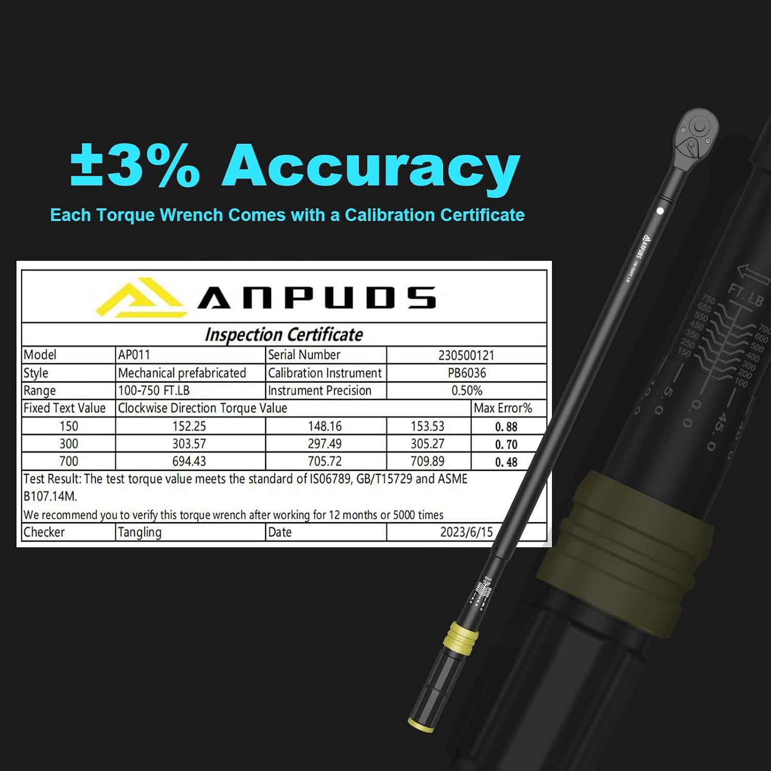 ANPUDS 3/4-Inch Drive Click Torque Wrench, 100-750 Ft-Lb/135.5-1016.3 Nm Torque Wrench with Dual Range Scales, Dual-Direction, Quick Release Reversible Head, 48-Tooth for Car, Truck, Tractor