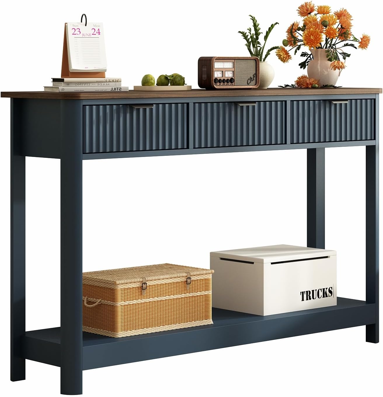 RUSTOWN Fluted Wood Console Table with 3 Drawers, 47.2' Modern Farmhouse Sofa Table & Entryway Table with Open Storage Shelf, Narrow Hallway Table for Living Room, Foyer and Hallway (Navy Blue)