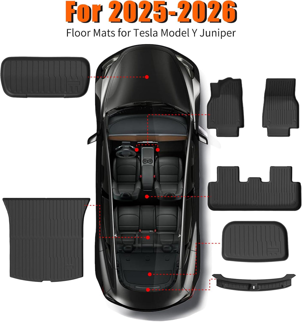 Floor Mats Trunk Mat for Tesla Model Y Juniper 2025 2026(5-Seat), All Weather TPE Floor Liners with Trunk Door Sill Protector Custom Fit for Model Y Juniper Accessories 7PCs
