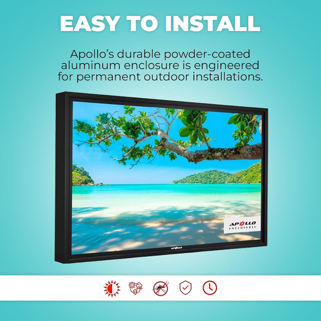 Apollo Enclosures 43 Inch Outdoor TV Enclosure Weatherproof for 39–43 Inch TVs - Direct Sun Outdoor TV Protector with Anti-Glare Safety Glass - Front-Cover Airflow for Direct Sun Protection