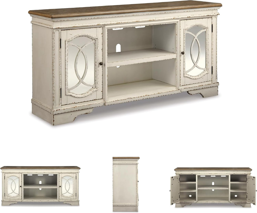 Signature Design by Ashley Realyn Farmhouse TV Stand with Fireplace Option Fits TVs up to 72', 2 Cabinet Doors and Adjustable Storage Shelf, White & Rustic Brown
