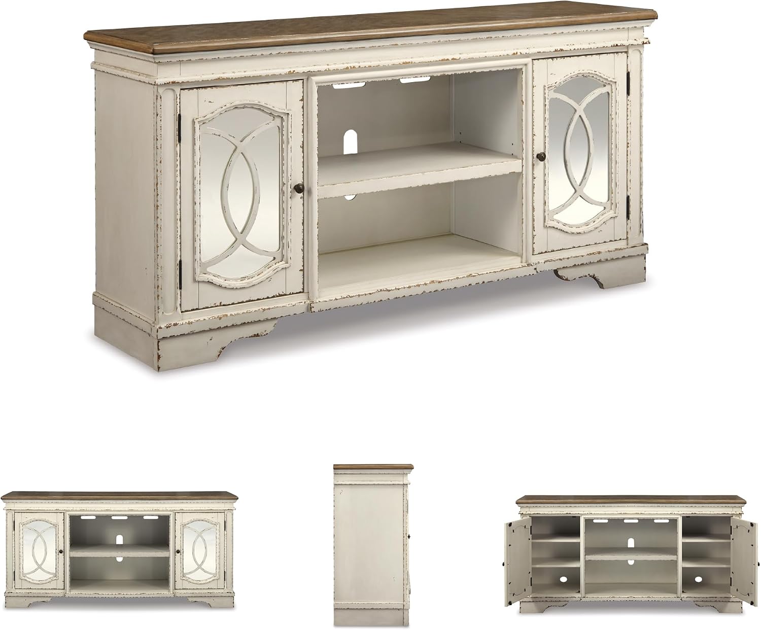 Signature Design by Ashley Realyn Farmhouse TV Stand with Fireplace Option Fits TVs up to 72', 2 Cabinet Doors and Adjustable Storage Shelf, White & Rustic Brown