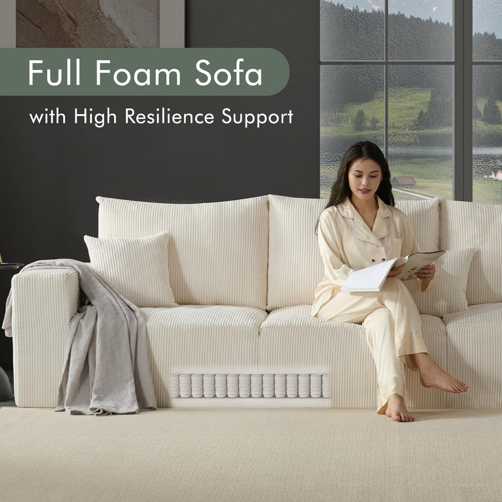 Gericco 113' Modular Sectional Couch, Cloud Boneless Sofa with Deep Seats, Upholstered Corduroy Sleeper Sofa Bed with 3-Seater for Living Room, No Assembly Required, Beige