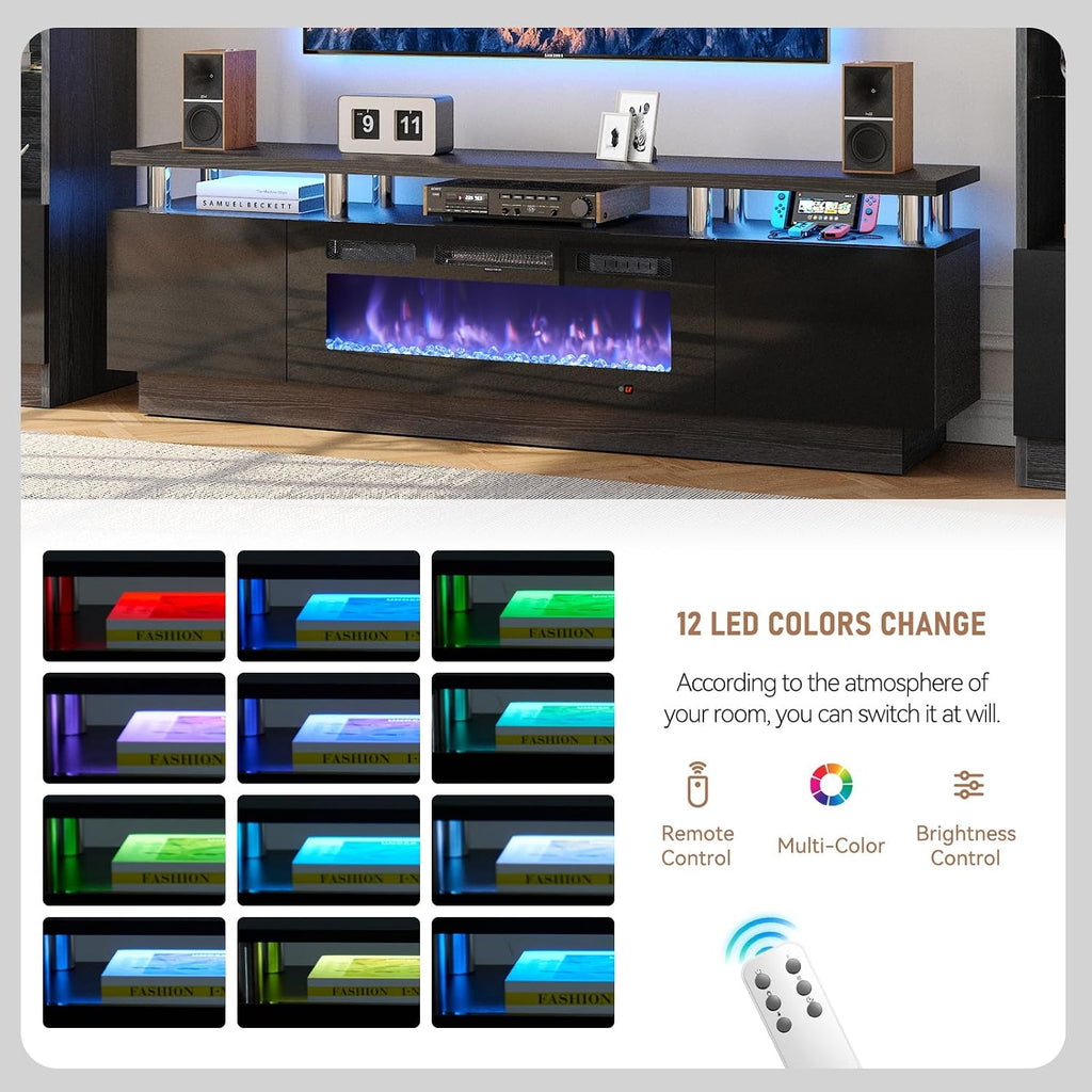 MXV 70' Fireplace TV Stand, Modern Entertainment Center & 36 Inch Electric Fireplace with Remote Control, LED Light, Fire Place Tv Stand for Living Room for TVs up to 80', Black + Black