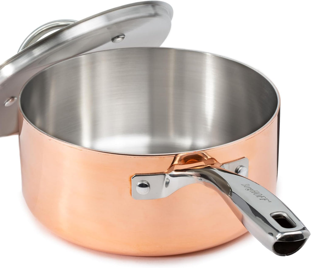 BergHOFF Vintage 15Pc Tri-Ply Copper Cookware Set With Stainless Steel Lids, 10Pc 18/10 Stainless Steel Pots and Pans and 5Pc Bamboo Utensil Set Long Ergonomic Shaped Handle 3-layer Base, Polished
