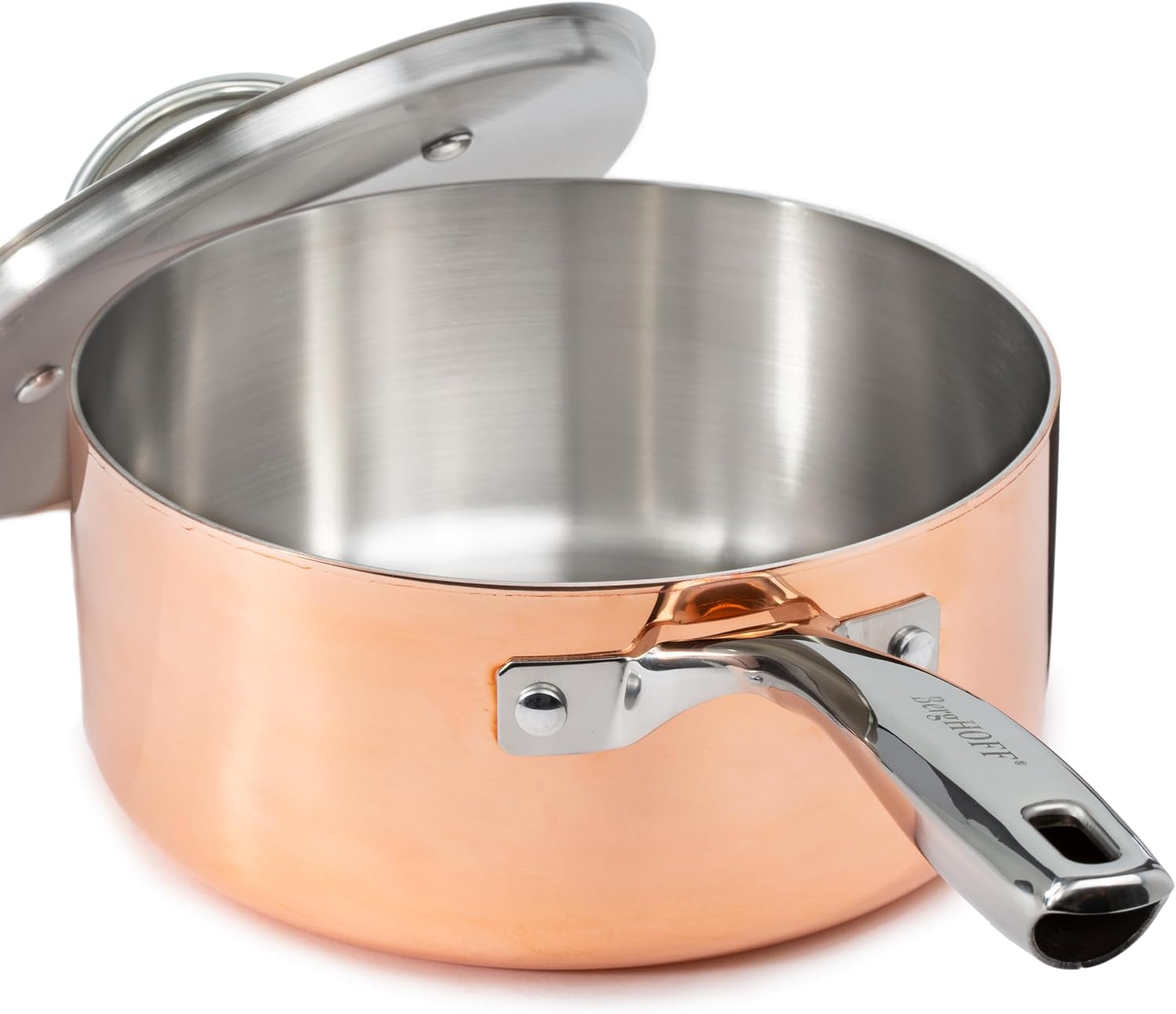 BergHOFF Vintage 15Pc Tri-Ply Copper Cookware Set With Stainless Steel Lids, 10Pc 18/10 Stainless Steel Pots and Pans and 5Pc Bamboo Utensil Set Long Ergonomic Shaped Handle 3-layer Base, Polished