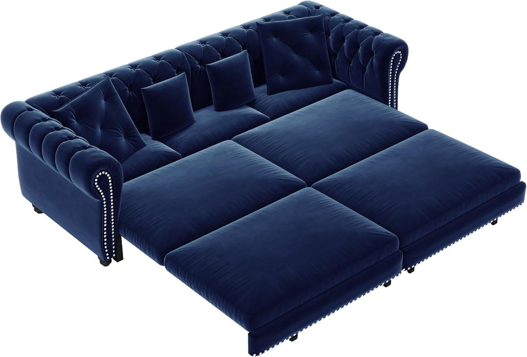 Ball & Cast 3-in-1 Convertible Sofa Bed with Movable Ottoman, 89' Pull Out Couch Bed King Size, Velvet 3 Seater Sleeper Sofa with Nailhead Trim & Rolled Arm,Sofa Couches for Living Room,Blue
