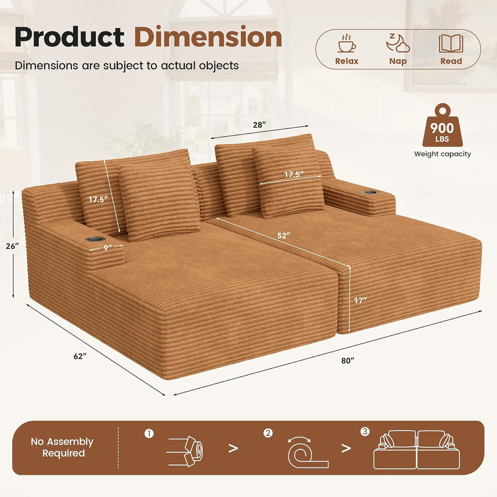 Luxanimarion 80'' Double Chaise Lounge Chair Indoor, Non-Assembly Deep Seat Sofa with Cup Holders Boneless Bed with 4pcs Pillows for Living Room Bedroom, Camel-Corduroy