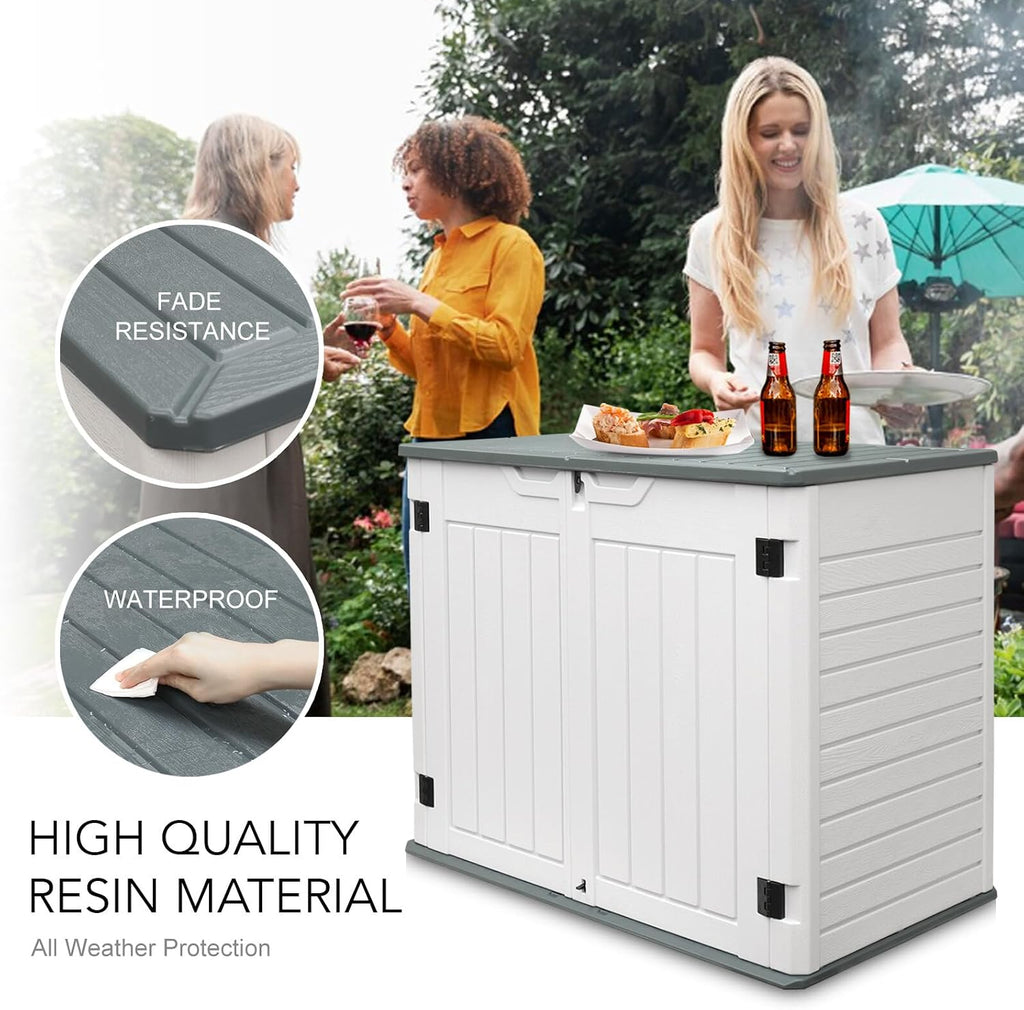 AJP Distributors 4ft x 2.5ft 35 cuft Outdoor Storage Shed, Waterproof Resin Horizontal Storage Box w/Lid & Lockable Doors for Backyard Garden Patio Pool - Bike Cushion Garbage Can Tools Lawn Mower