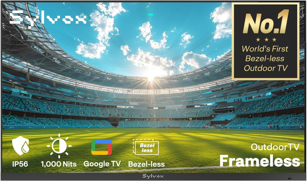 SYLVOX 75'' Outdoor TV, Ultra-Narrow Bezel, Upgraded IP56 Waterproof Smart Google TV for Outside, 2×12W Speakers with Dolby Atmos, 1000 Nits Brightness for Patio, Deck or Partial Sun (Frameless, 2026)