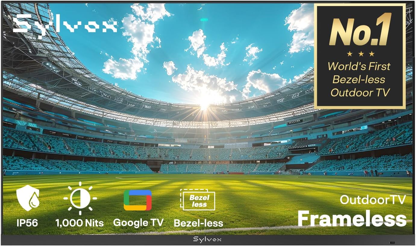 SYLVOX 75'' Outdoor TV, Ultra-Narrow Bezel, Upgraded IP56 Waterproof Smart Google TV for Outside, 2×12W Speakers with Dolby Atmos, 1000 Nits Brightness for Patio, Deck or Partial Sun (Frameless, 2026)