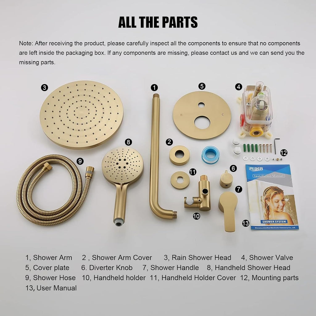 Iriber Shower System Wall Mounted Shower Faucet Mixer Set with Luxury High Pressure Shower head and 3-Setting Handheld, Bathroom Shower Trim Kit Contain Pressure Balance Valve,Brushed Gold