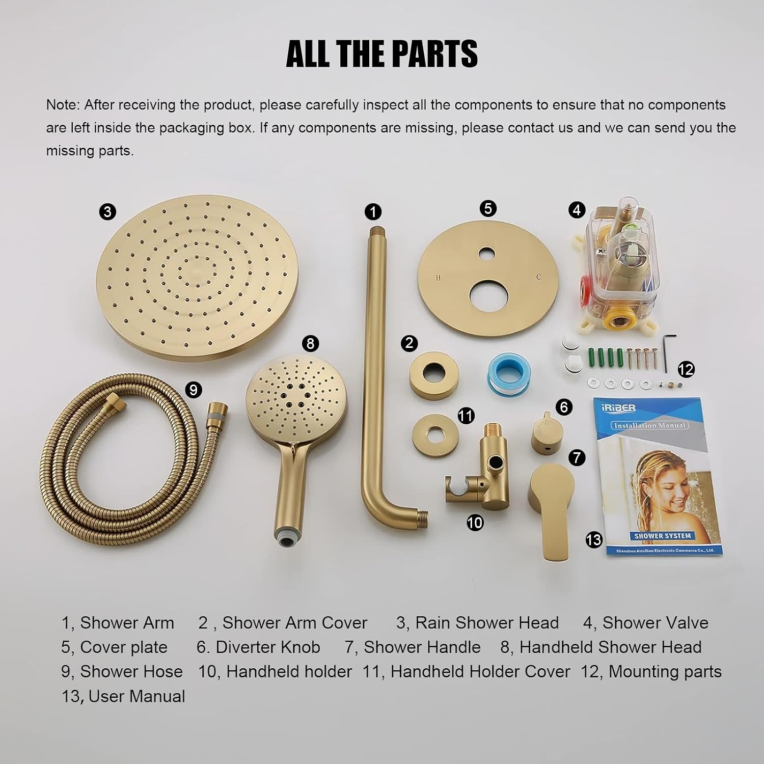 Iriber Shower System Wall Mounted Shower Faucet Mixer Set with Luxury High Pressure Shower head and 3-Setting Handheld, Bathroom Shower Trim Kit Contain Pressure Balance Valve,Brushed Gold