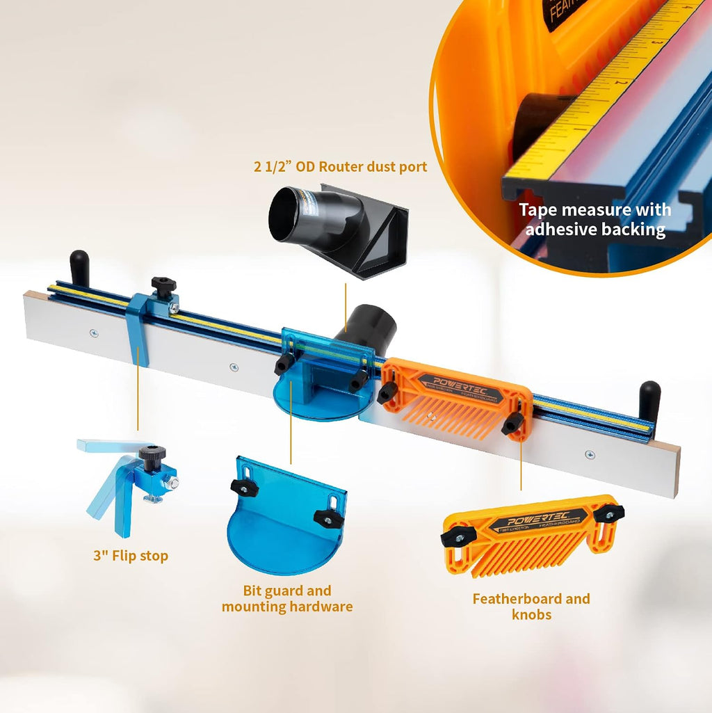 POWERTEC Router Table Fence System 3-1/2' Tall 32' Long, Router Fence Kit with Adjustment Knob, Aluminum Flip Stop, Measuring Tape, Feather Board, Bit Guard, and Built-In 2-1/2' Dust Port - 71655