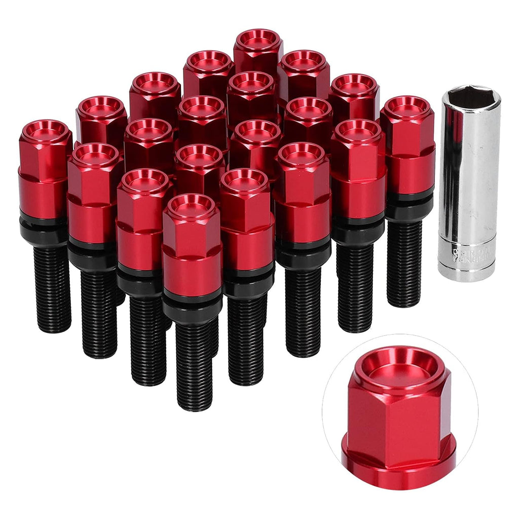 Brilluxa Lug Bolts, Extended Wheel Lug Bolt Set M14x1.5 Ball Seat, 42mm Thread Wheel Stud Bolts, Red, for Aftermarket Wheels Spacer Install and Custom Fitment Wheel Mounting Hardware