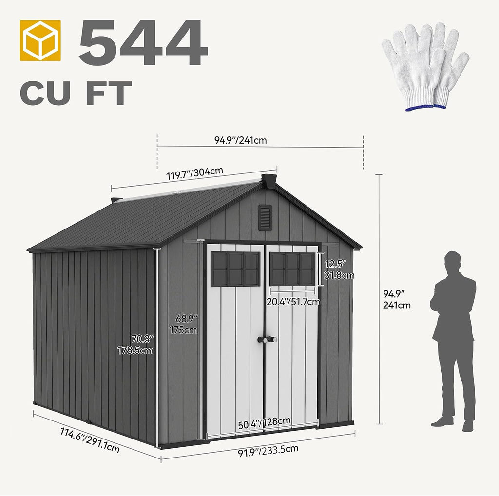 DWVO 8x10 FT Outdoor Storage Shed with Vision Grid Door Panel, 544 cuft Plastic Storage Shed with Floor, 16mm Heavy Duty All-Weather Garden Tool Sheds with Window & Vent for Pool Supplies, Black