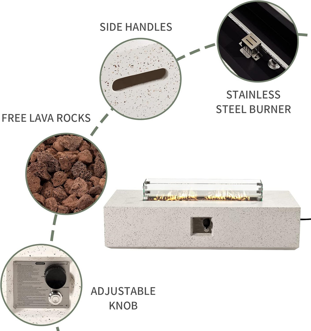 COSIEST Outdoor Propane Fire Pit Table 56' x 28' Rectangle Beige Compact Concrete-Like Finish, Certified, 50,000 BTU,Wind Guard, Tank Outside, Free Lava Rocks, Fits 20lb Tank Outside, Raincover