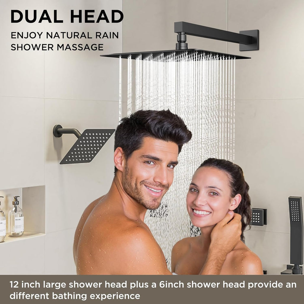 Shower Systems with 4 Body Spray Jets, STARBATH 4 Way 12+6' Rainfall Shower Head with Handheld Combo, Wall Mounted Shower Jets System Shower Faucet Sets Complete, Matte Black