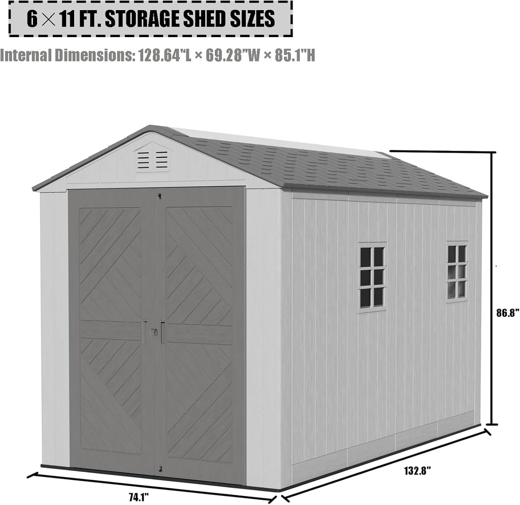 Mrosaa 6x11 FT Storage Shed with Floor,HDPE Resin Outdoor Storage Shed Weather Resistant,Lockable Garden Sheds with Windows for Home/Garden Tools/Backyard/Lawn Mower/Bike Storage(Gray)