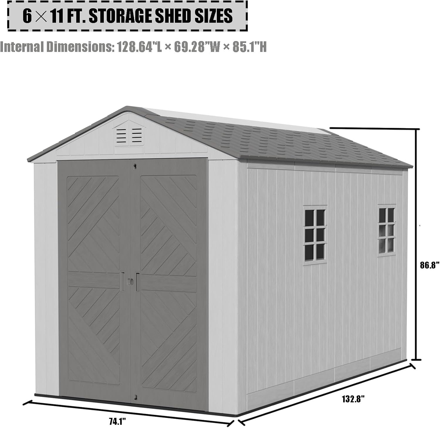 Mrosaa 6x11 FT Storage Shed with Floor,HDPE Resin Outdoor Storage Shed Weather Resistant,Lockable Garden Sheds with Windows for Home/Garden Tools/Backyard/Lawn Mower/Bike Storage(Gray)