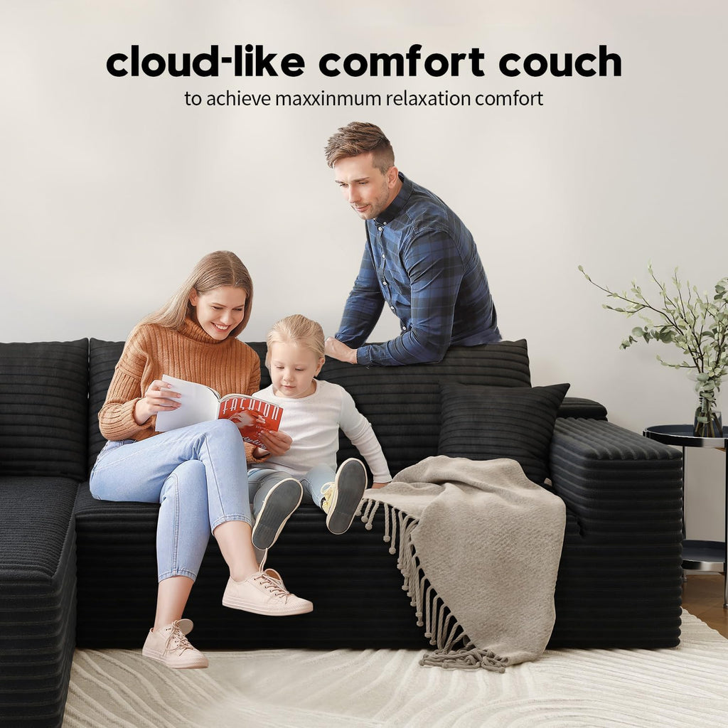 139.4' Modular Sectional Sofa, L-Shaped Minimalist Couches with Middle Seat Chaise, Modern Deep Seat Convertible Sleeper Sofa,Cloud Plush Corduroy Fabric, No Assembly Required, 5 Seater, Black