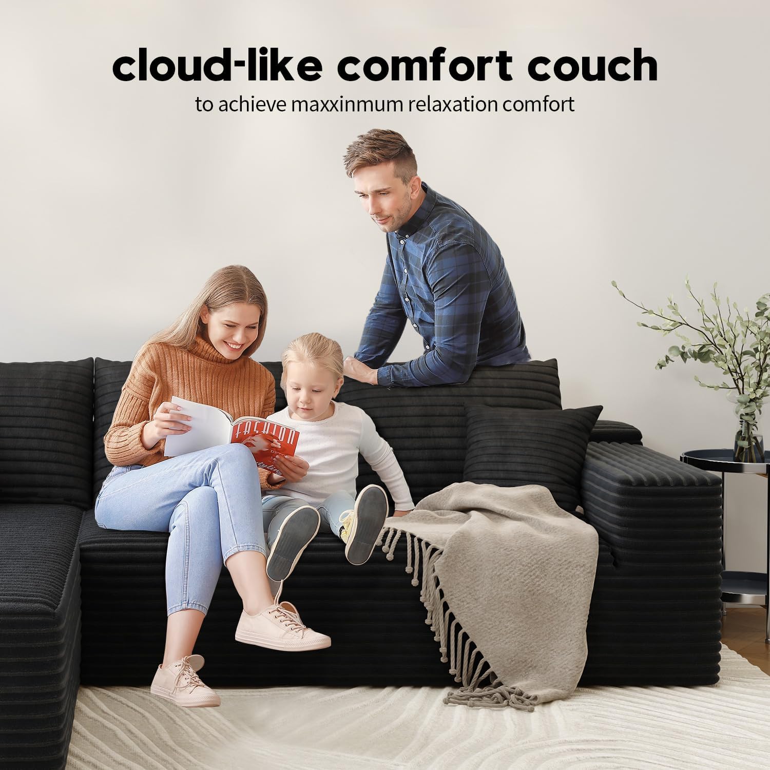 139.4' Modular Sectional Sofa, L-Shaped Minimalist Couches with Ottoman Chaise, Modern Deep Seat Convertible Sleeper Sofa,Cloud Plush Corduroy Fabric, No Assembly Required, 5 Seater, Black