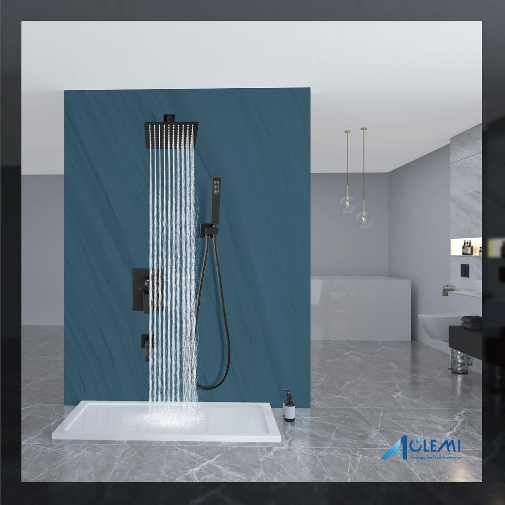 Aolemi Rainfall Shower System Shower Head Combo Set with Tub Filler Handheld Shower Luxury Rough-in Valve Included Wall Mount Bathroom Shower Mixer Faucet 8 Inch Shower Head Matte Black